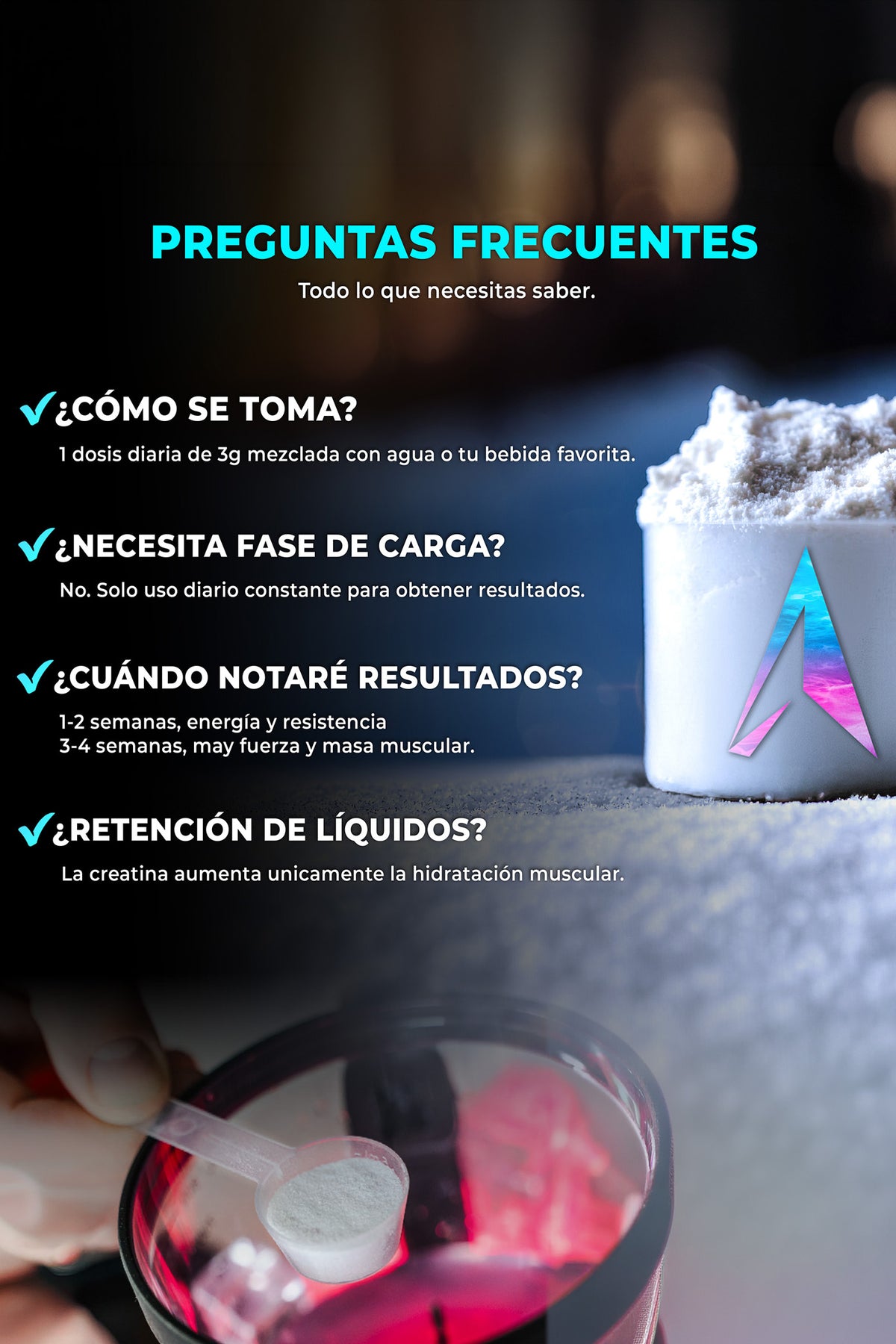 Creatina 100% Monohidrato de máxima pureza y calidad.
