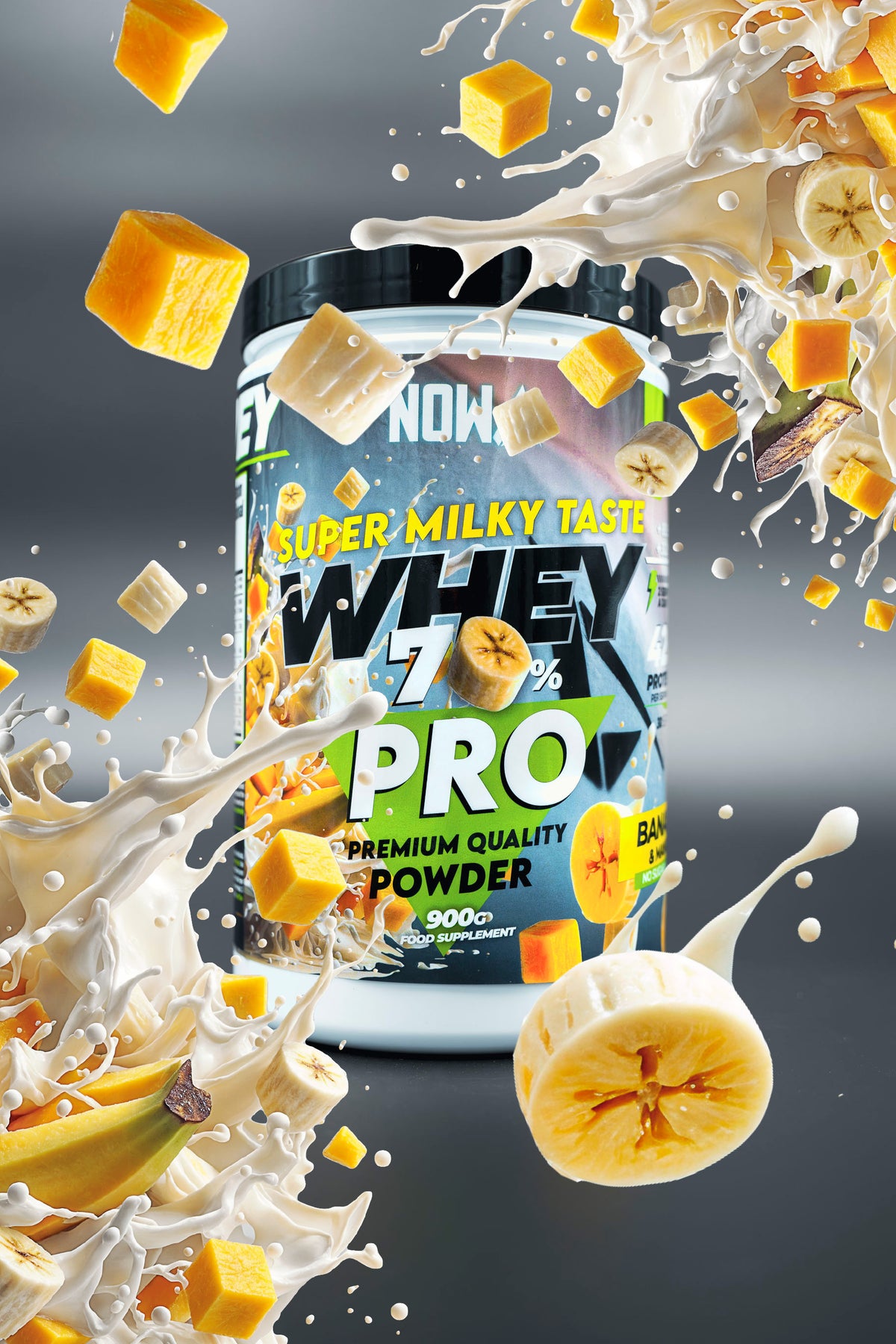 Proteina Whey PRO con EEAAs / BCAAs + Glutamine - Banana & Mango