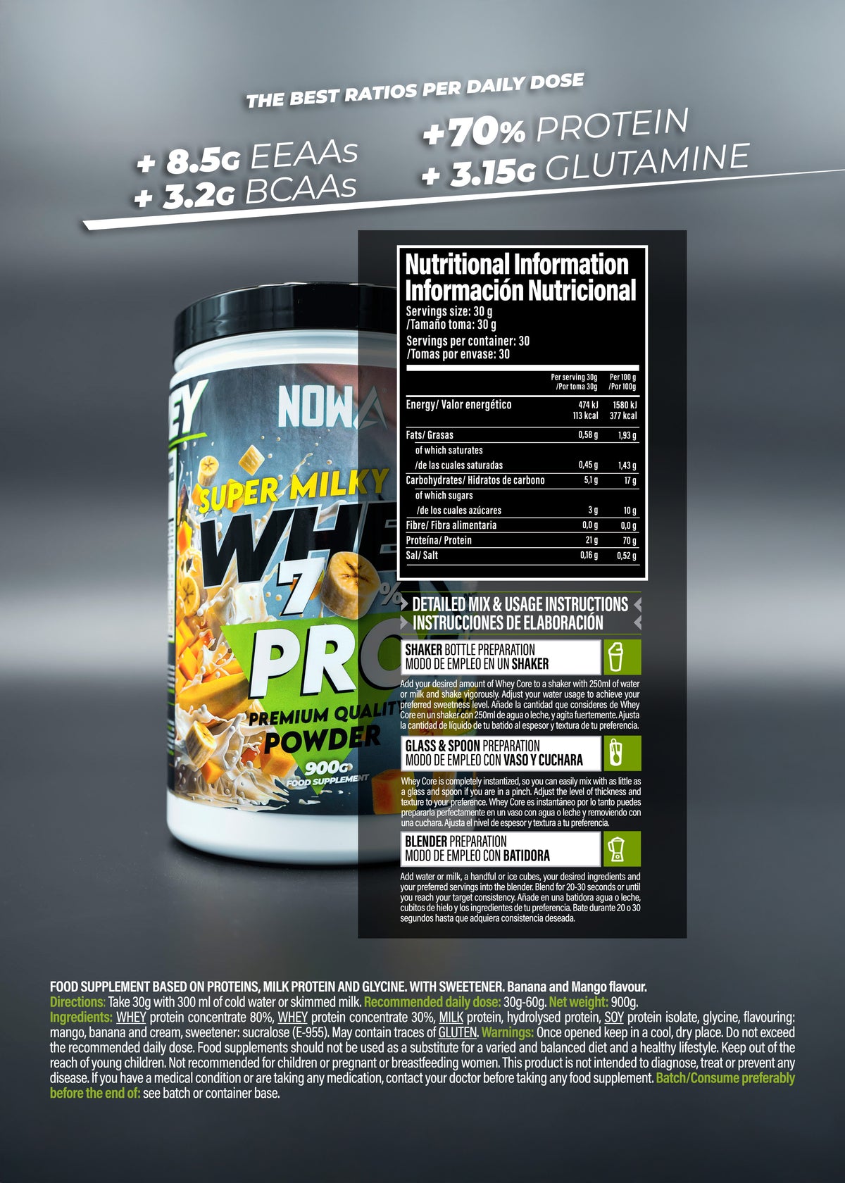 Proteina Whey PRO con EEAAs / BCAAs + Glutamine - Banana & Mango