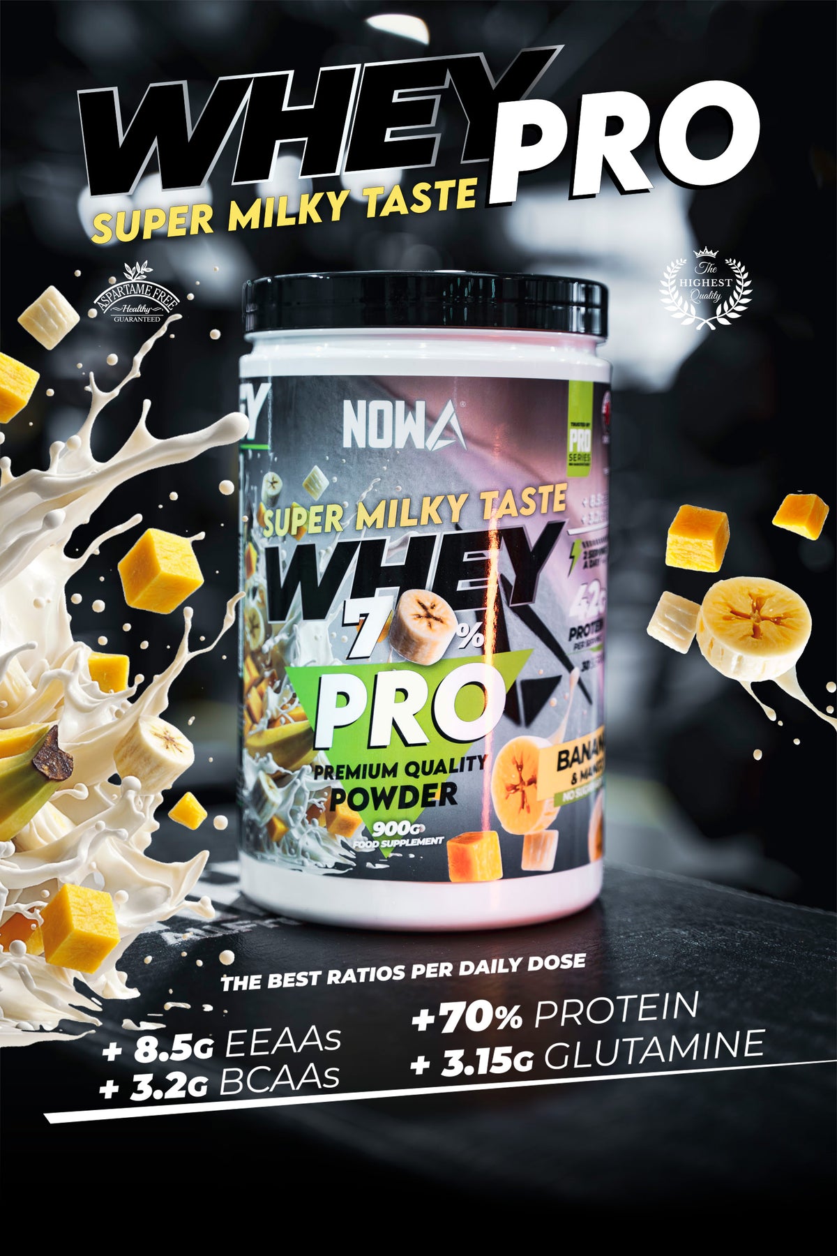 Proteina Whey PRO con EEAAs / BCAAs + Glutamine - Banana & Mango