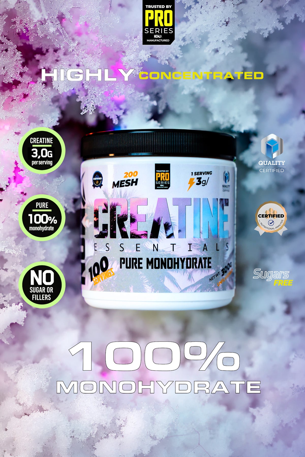 Creatina 100% Monohidrato de máxima pureza y calidad.