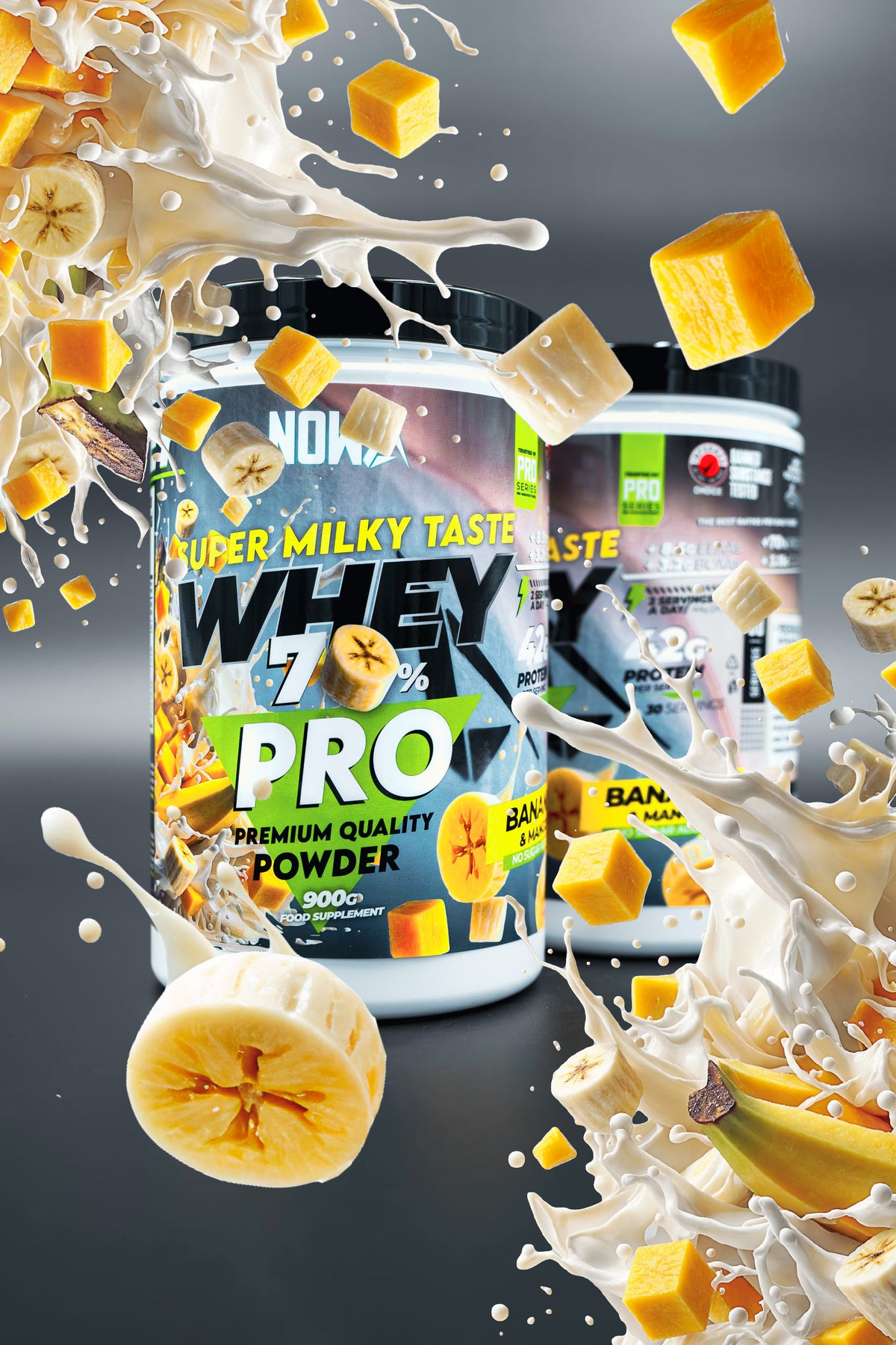 Proteina Whey PRO con EEAAs / BCAAs + Glutamine - Banana & Mango