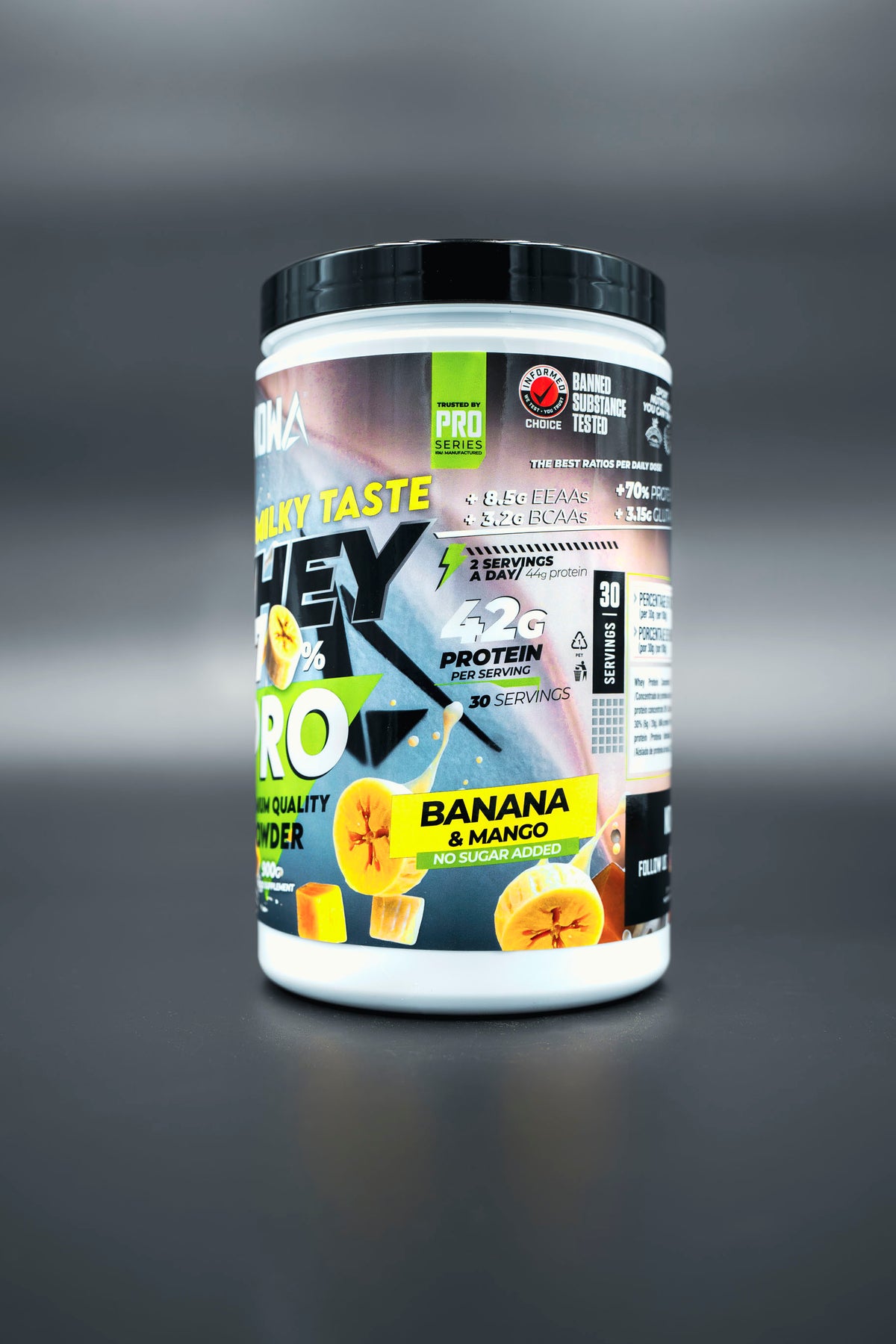 Proteina Whey PRO con EEAAs / BCAAs + Glutamine - Banana & Mango